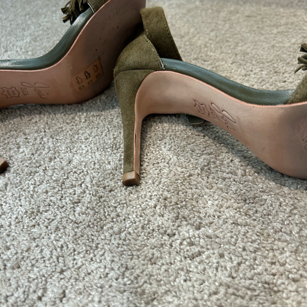 Joie Flirty Fringe Olive Green Suede Sandals - Picture 3 of 10